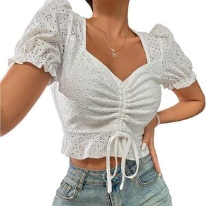 White Eyelet Puff Sleeve Crop Top